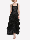 Black Satin Ruched Maxi Dress Square Neck Formal Evening Gown