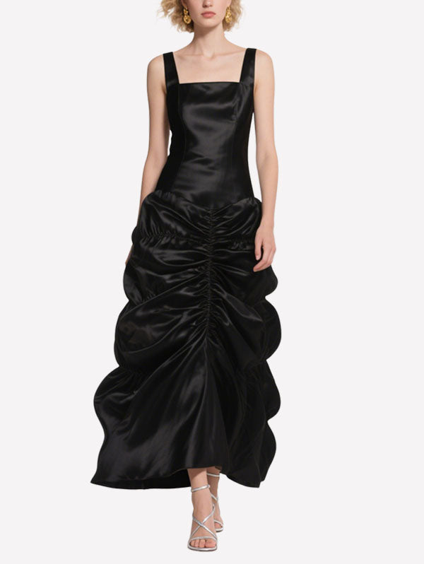 Black Satin Ruched Maxi Dress Square Neck Formal Evening Gown