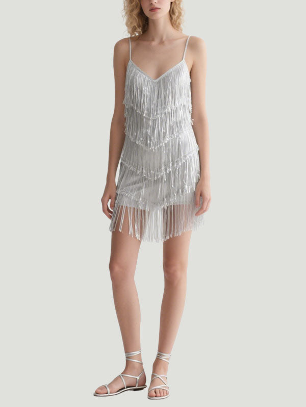 Silver Fringe Spaghetti Strap Flapper Mini Dress