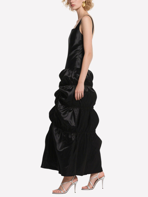 Black Satin Ruched Maxi Dress Square Neck Formal Evening Gown