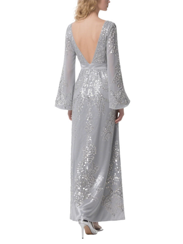 Silver Sequin Embellished Evening Gown  Long Bell Sleeve Formal Dress