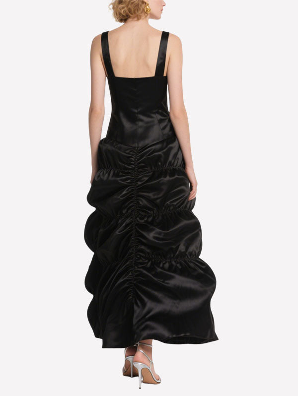 Black Satin Ruched Maxi Dress Square Neck Formal Evening Gown
