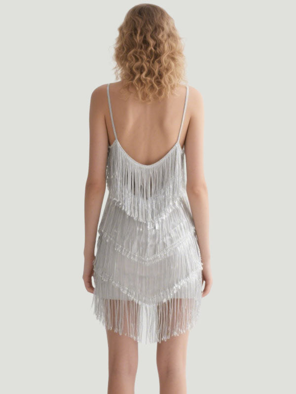 Silver Fringe Spaghetti Strap Flapper Mini Dress