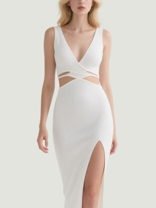 White Cut Out Wrap Midi Dress Women's Elegant Party Outfit