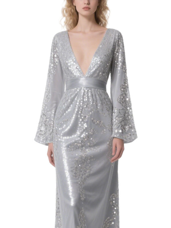 Silver Sequin Embellished Evening Gown  Long Bell Sleeve Formal Dress