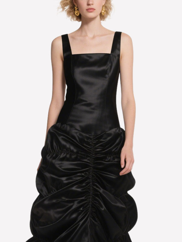 Black Satin Ruched Maxi Dress Square Neck Formal Evening Gown