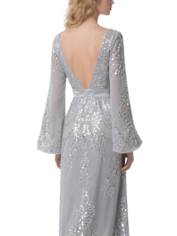 Silver Sequin Embellished Evening Gown  Long Bell Sleeve Formal Dress