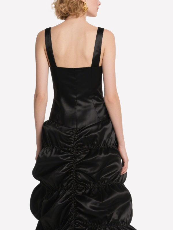 Black Satin Ruched Maxi Dress Square Neck Formal Evening Gown