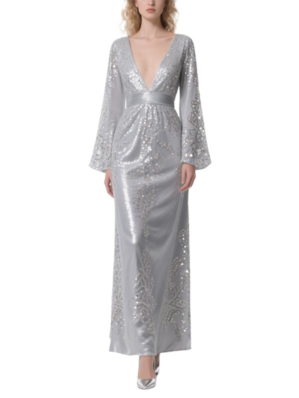Silver Sequin Embellished Evening Gown  Long Bell Sleeve Formal Dress