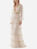 White Tiered Chiffon Gown Gold Trim Deep V Formal Dress