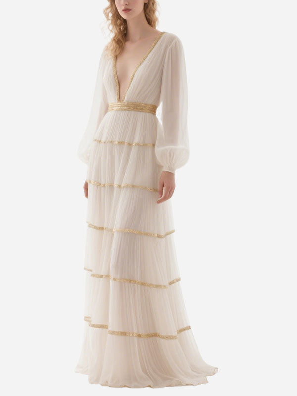 White Tiered Chiffon Gown Gold Trim Deep V Formal Dress