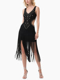 Black Fringed Embellished Cut Out Dress Women's Dance Party Outfit