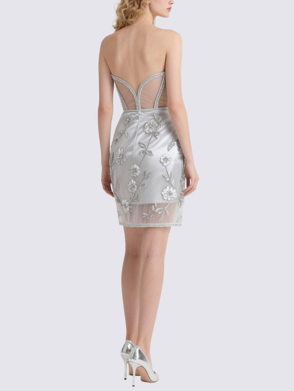 Silver Strapless Corset Mini Dress with Floral Embroidery