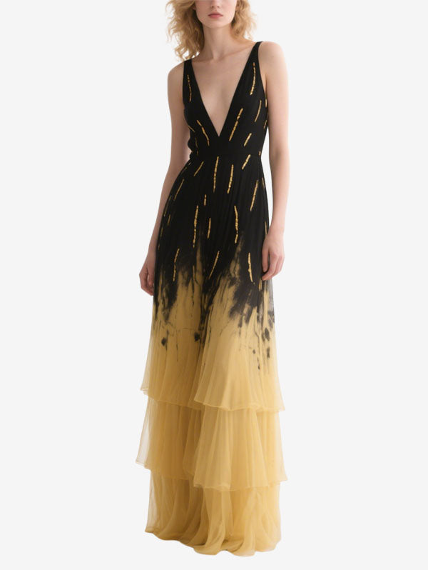 Black & Yellow Ombre Gown Plunging V-neck Tiered Evening Dress
