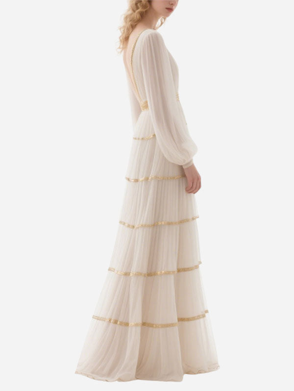White Tiered Chiffon Gown Gold Trim Deep V Formal Dress