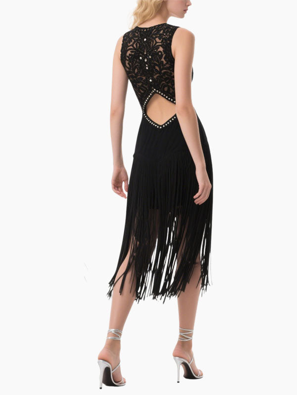 Black Fringed Embellished Cut Out Dress Women's Dance Party Outfit