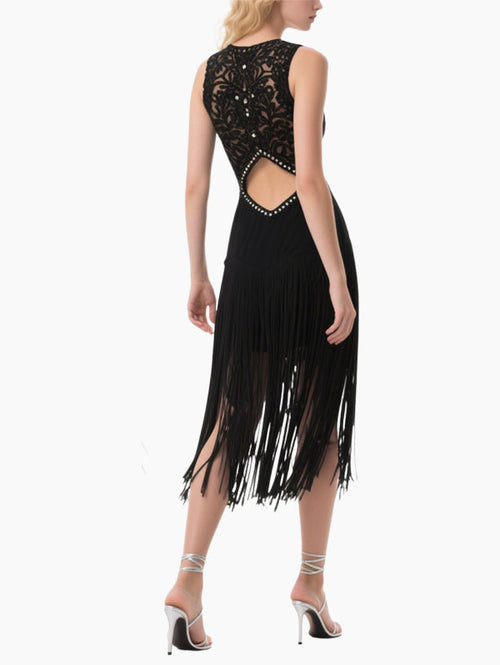 Black Fringed Embellished Cut Out Dress Women's Dance Party Outfit