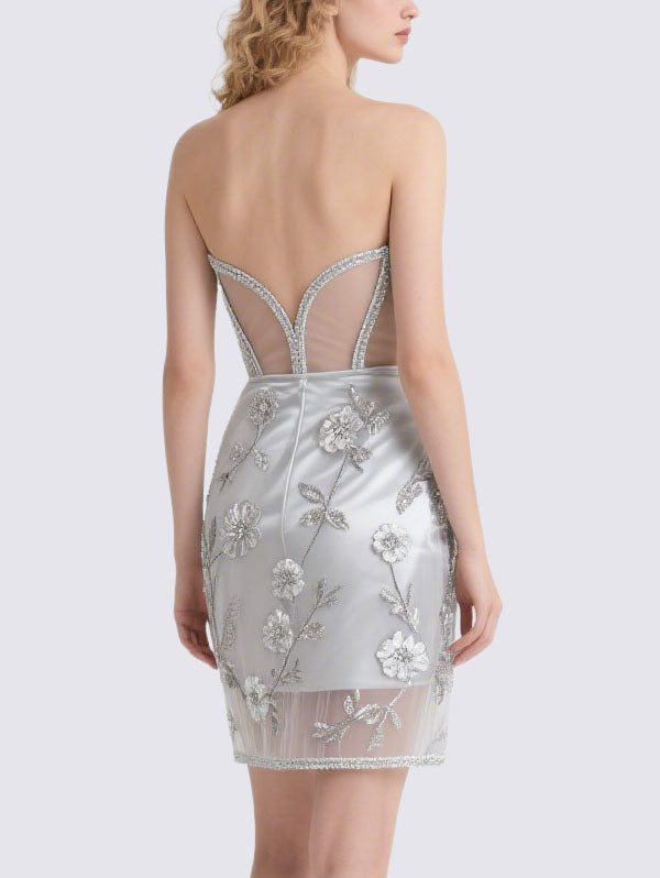 Silver Strapless Corset Mini Dress with Floral Embroidery