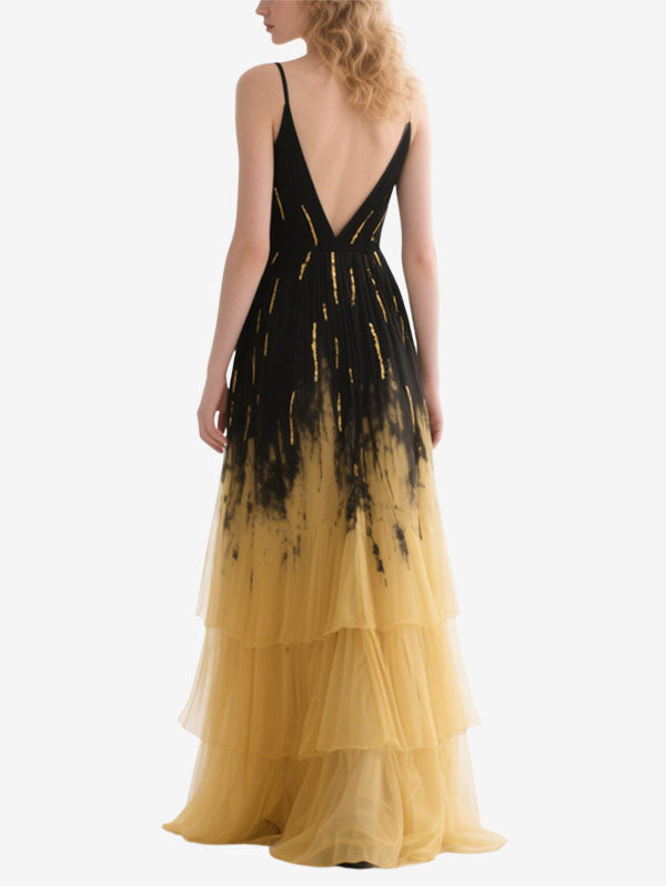 Black & Yellow Ombre Gown Plunging V-neck Tiered Evening Dress