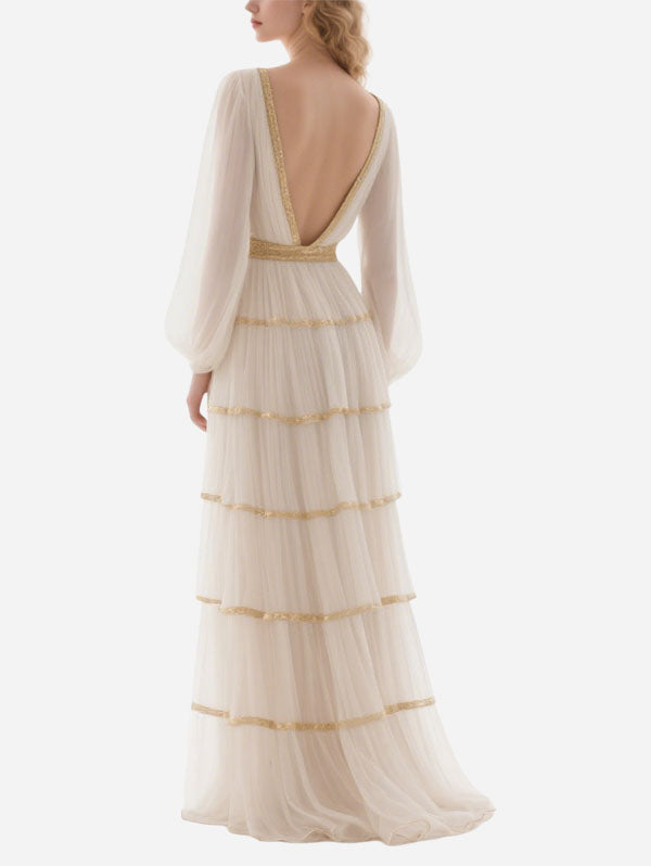 White Tiered Chiffon Gown Gold Trim Deep V Formal Dress