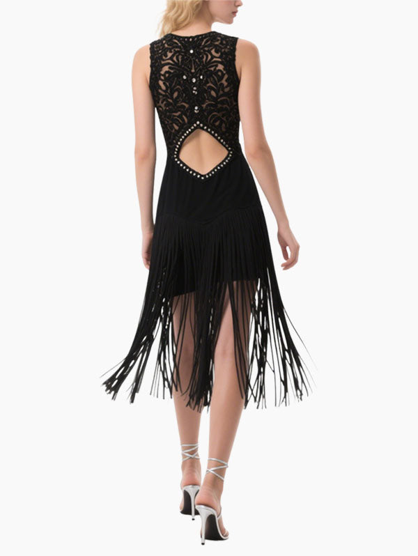 Black Fringed Embellished Cut Out Dress Women's Dance Party Outfit