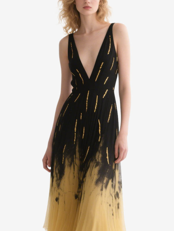 Black & Yellow Ombre Gown Plunging V-neck Tiered Evening Dress