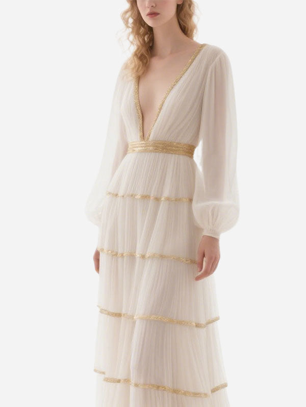 White Tiered Chiffon Gown Gold Trim Deep V Formal Dress