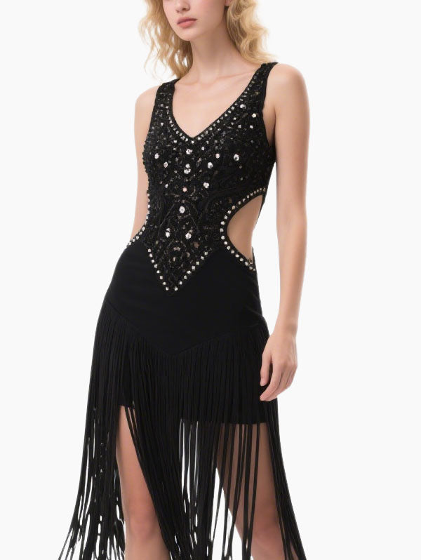 Black Fringed Embellished Cut Out Dress Women's Dance Party Outfit