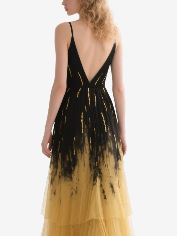 Black & Yellow Ombre Gown Plunging V-neck Tiered Evening Dress