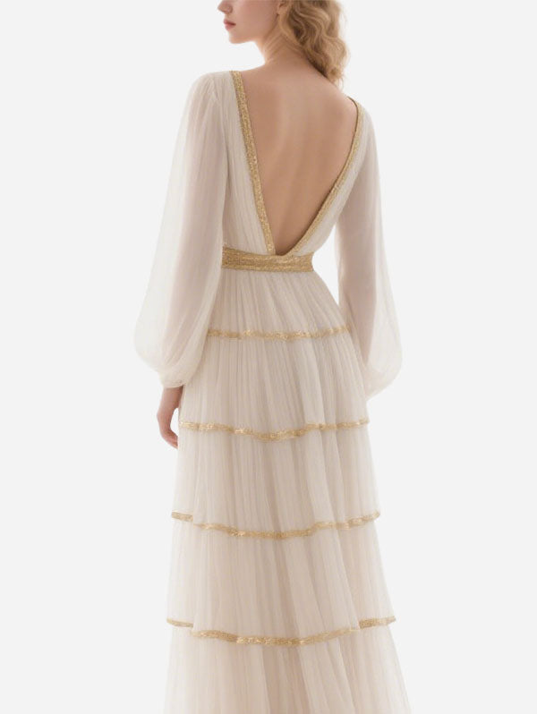 White Tiered Chiffon Gown Gold Trim Deep V Formal Dress