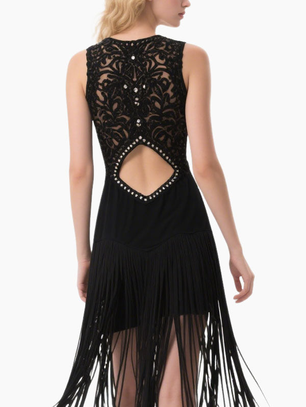 Black Fringed Embellished Cut Out Dress Women's Dance Party Outfit