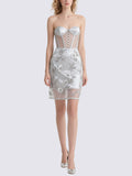 Silver Strapless Corset Mini Dress with Floral Embroidery