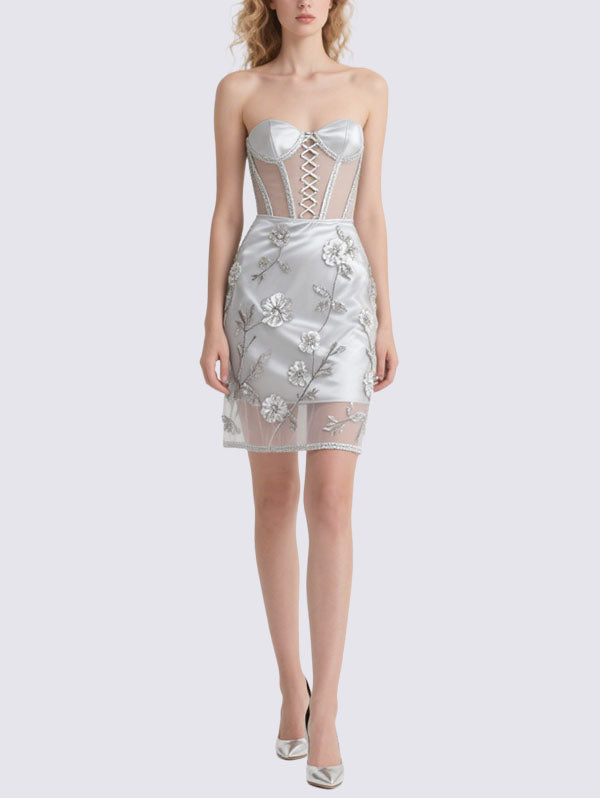Silver Strapless Corset Mini Dress with Floral Embroidery