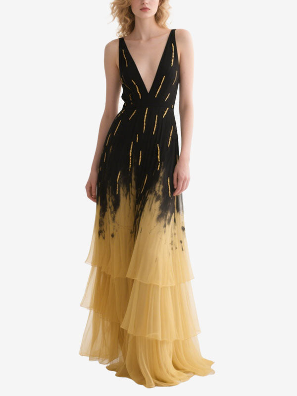 Black & Yellow Ombre Gown Plunging V-neck Tiered Evening Dress