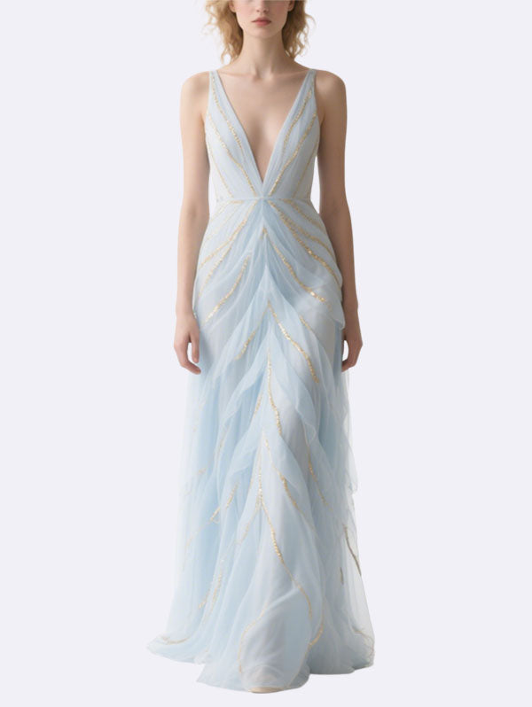 Light Blue Tulle Gown Plunging V-neck Evening Dress