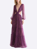 Purple Tulle Cut Out Gown with Gold Accents Formal Evening Dress