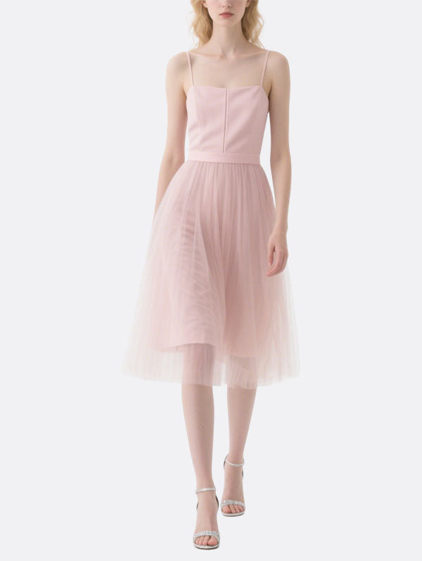Pink Satin Tulle Midi Dress Women's Chic Party Attire