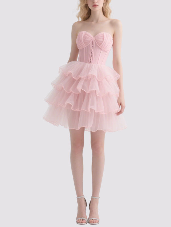 Pink Strapless Tulle Mini Dress