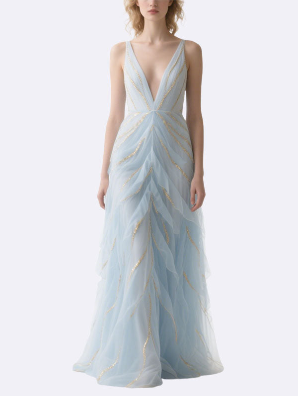 Light Blue Tulle Gown Plunging V-neck Evening Dress