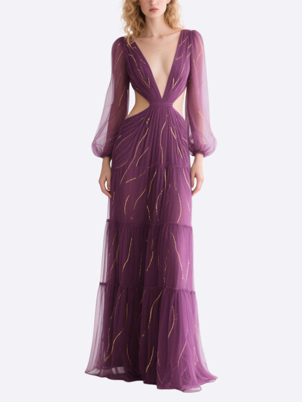 Purple Tulle Cut Out Gown with Gold Accents Formal Evening Dress