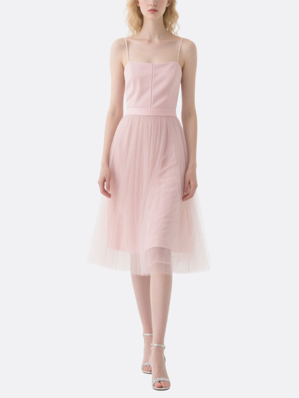 Pink Satin Tulle Midi Dress Women's Chic Party Attire