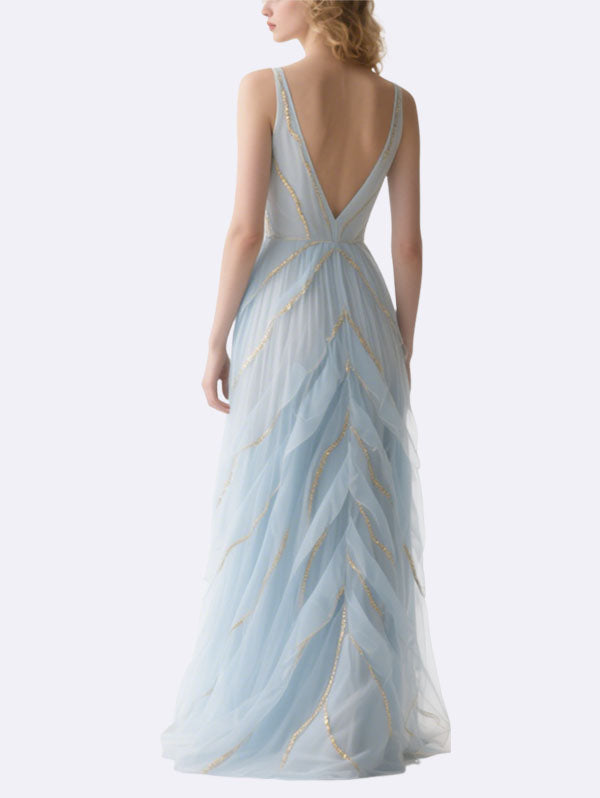Light Blue Tulle Gown Plunging V-neck Evening Dress