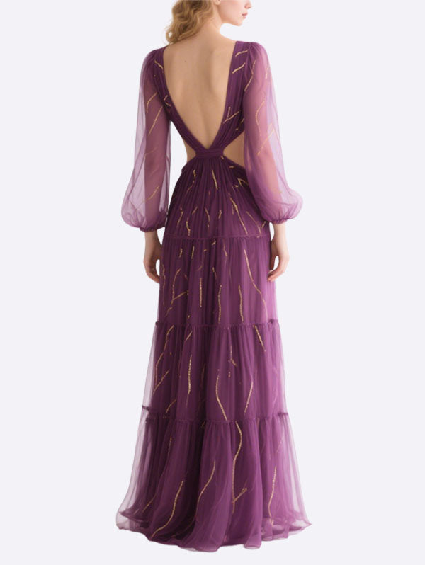Purple Tulle Cut Out Gown with Gold Accents Formal Evening Dress
