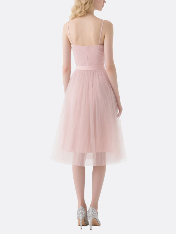 Pink Satin Tulle Midi Dress Women's Chic Party Attire