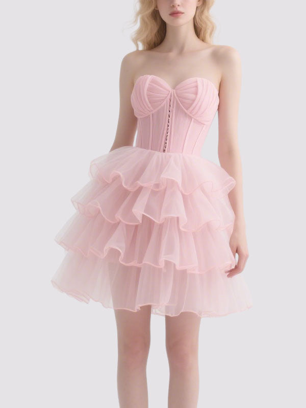 Pink Strapless Tulle Mini Dress