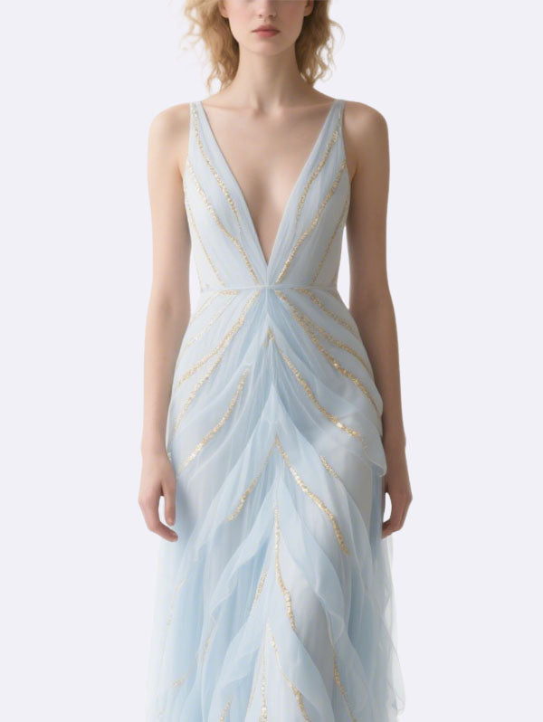 Light Blue Tulle Gown Plunging V-neck Evening Dress