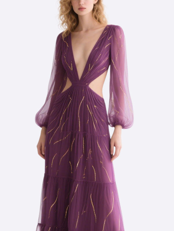 Purple Tulle Cut Out Gown with Gold Accents Formal Evening Dress