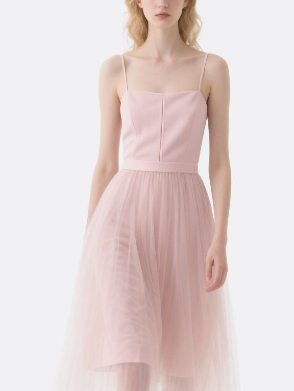 Pink Satin Tulle Midi Dress Women's Chic Party Attire