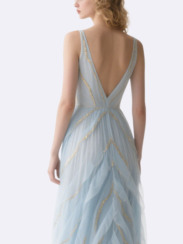 Light Blue Tulle Gown Plunging V-neck Evening Dress