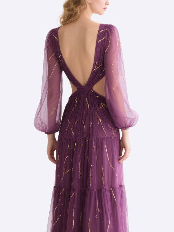 Purple Tulle Cut Out Gown with Gold Accents Formal Evening Dress